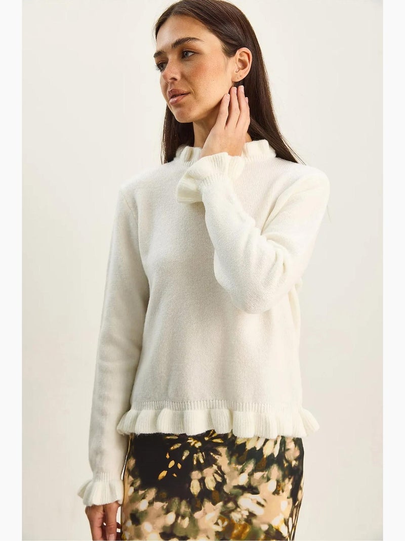 Camisola de malha com botões e meio gola alta com folho lucci Branco sujo - Kiabi