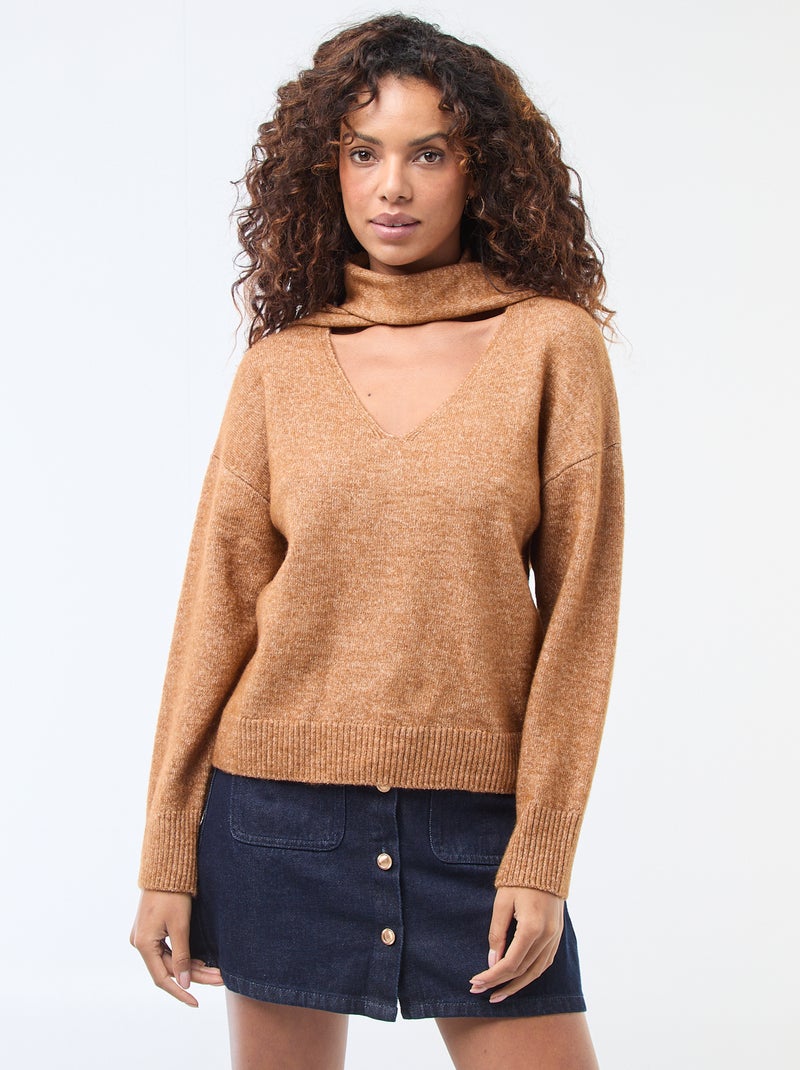 Camisola de malha com cachecol de malha grossa Castanho - Kiabi