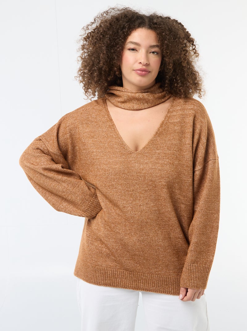 Camisola de malha com cachecol integrado Castanho - Kiabi
