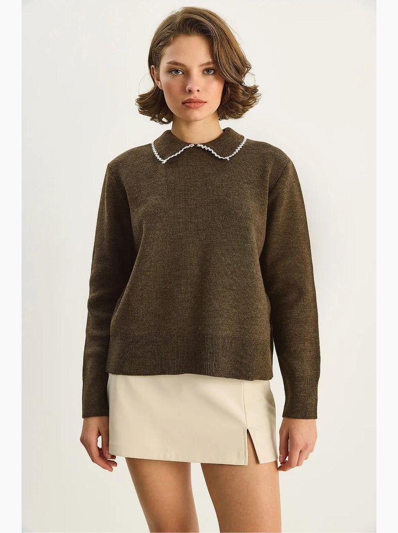 Camisola de malha com colarinho de camisa lucci Castanho-escuro - Kiabi