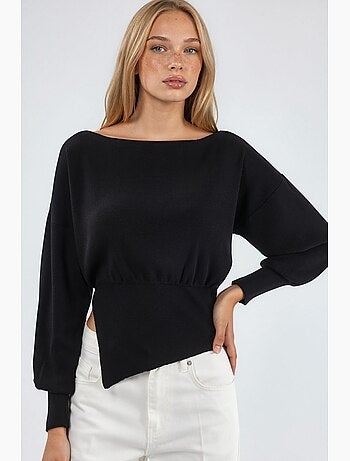 Camisola de malha com decote barco de aspeto mercerizado com detalhe de racha hiccup