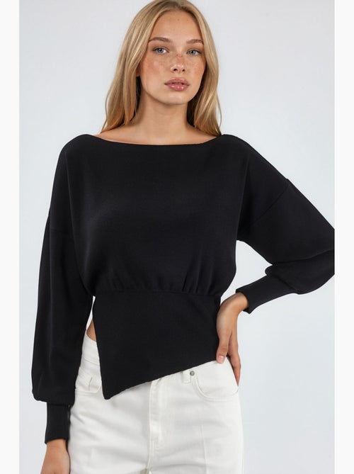 Camisola de malha com decote barco de aspeto mercerizado com detalhe de racha hiccup - Kiabi Camisola de malha com decote barco de aspeto mercerizado com detalhe de racha hiccup - Kiabi