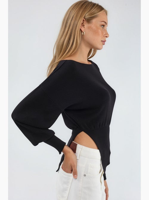 Camisola de malha com decote barco de aspeto mercerizado com detalhe de racha hiccup - Kiabi Camisola de malha com decote barco de aspeto mercerizado com detalhe de racha hiccup - Kiabi