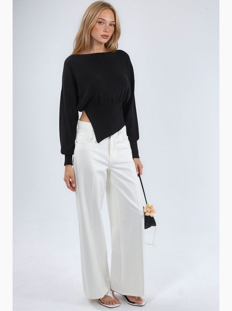 Camisola de malha com decote barco de aspeto mercerizado com detalhe de racha hiccup Preto - Kiabi