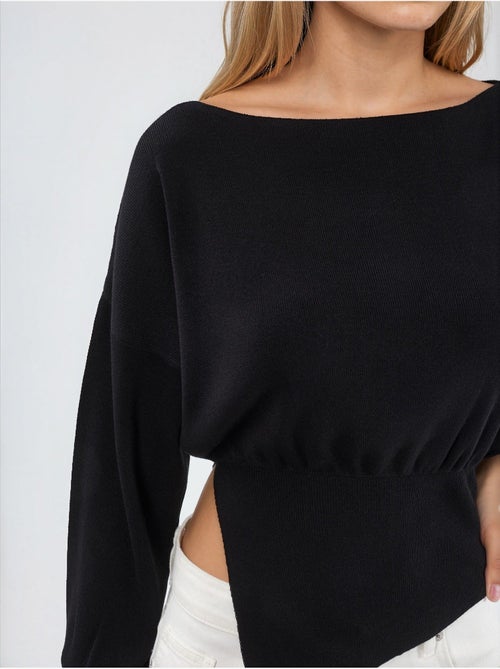 Camisola de malha com decote barco de aspeto mercerizado com detalhe de racha hiccup - Kiabi Camisola de malha com decote barco de aspeto mercerizado com detalhe de racha hiccup - Kiabi