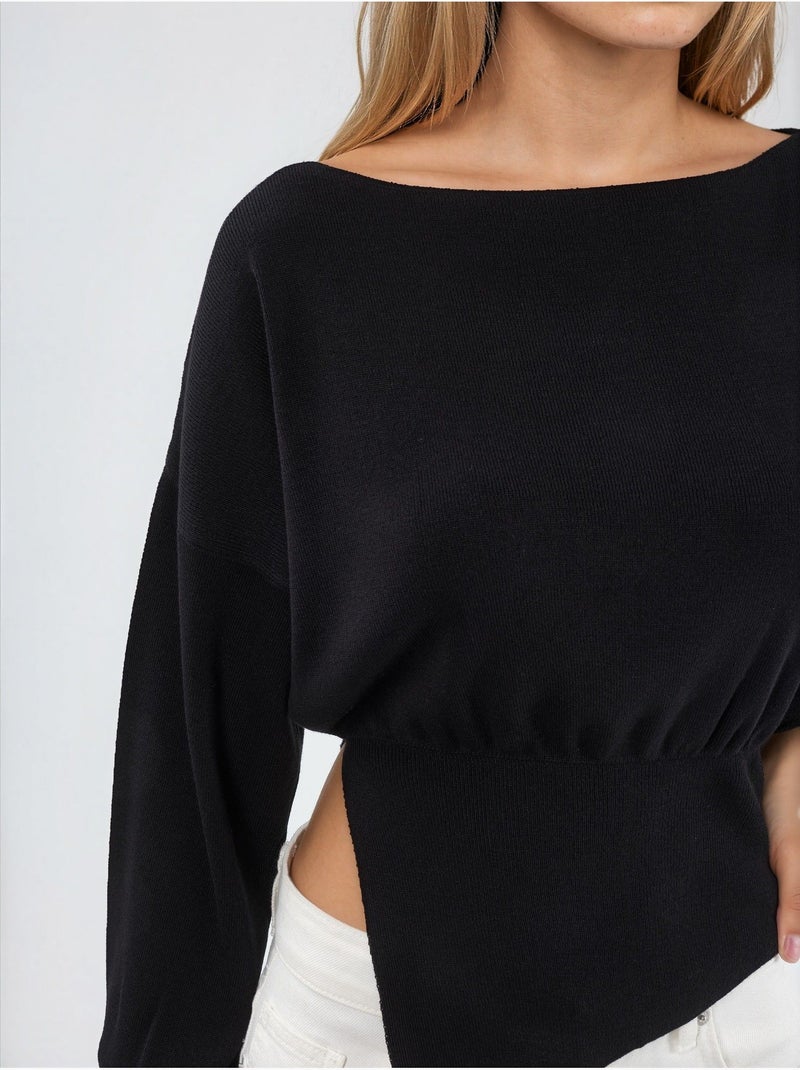 Camisola de malha com decote barco de aspeto mercerizado com detalhe de racha hiccup Preto - Kiabi