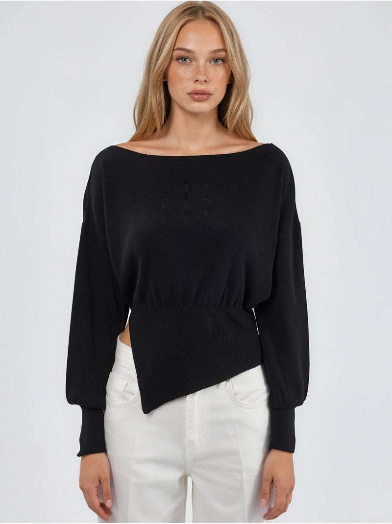 Camisola de malha com decote barco de aspeto mercerizado com detalhe de racha hiccup Preto - Kiabi