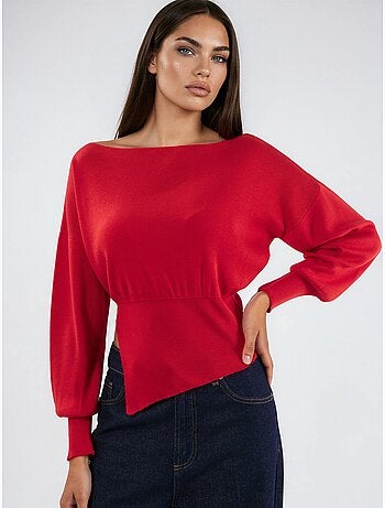 Camisola de malha com decote barco de aspeto mercerizado com detalhe de racha hiccup