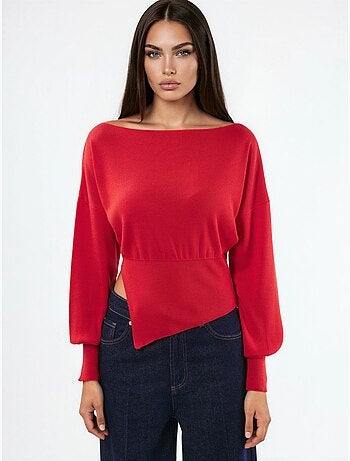 Camisola de malha com decote barco de aspeto mercerizado com detalhe de racha hiccup