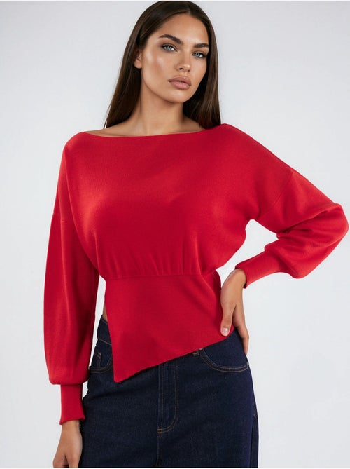 Camisola de malha com decote barco de aspeto mercerizado com detalhe de racha hiccup - Kiabi Camisola de malha com decote barco de aspeto mercerizado com detalhe de racha hiccup - Kiabi
