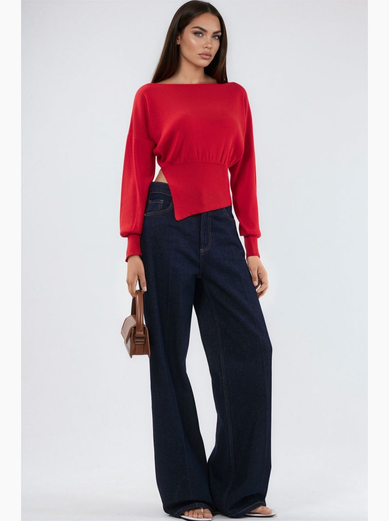 Camisola de malha com decote barco de aspeto mercerizado com detalhe de racha hiccup Vermelho - Kiabi