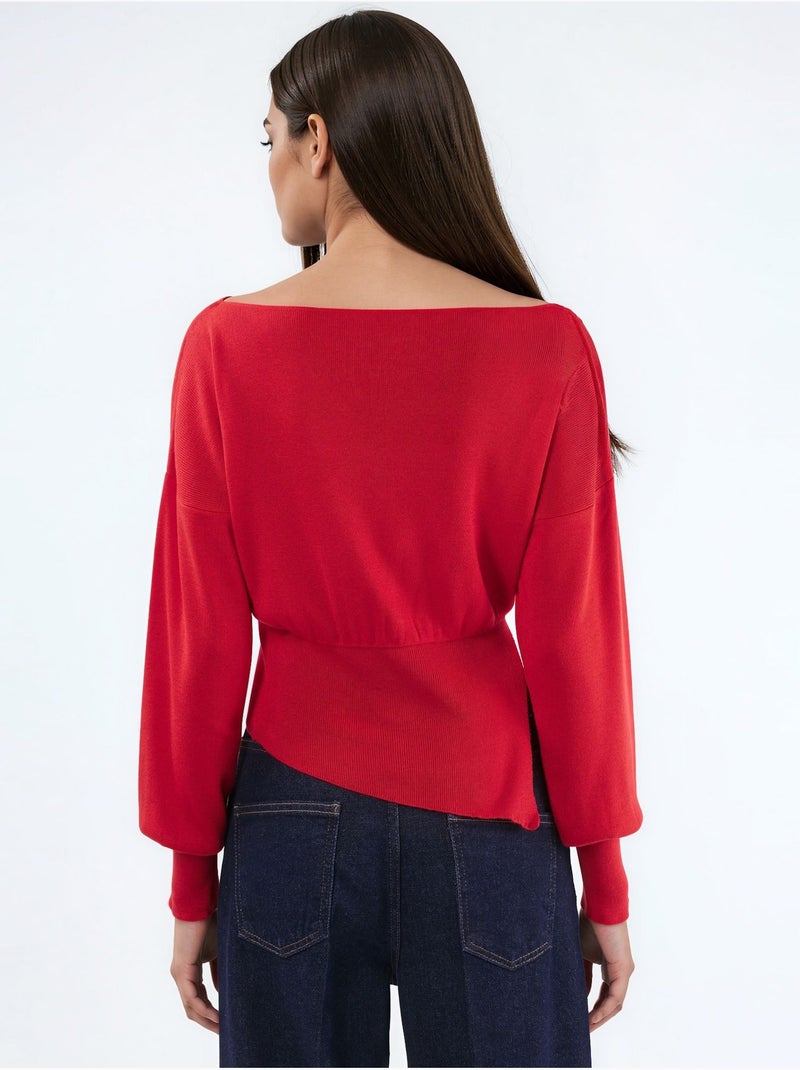 Camisola de malha com decote barco de aspeto mercerizado com detalhe de racha hiccup Vermelho - Kiabi