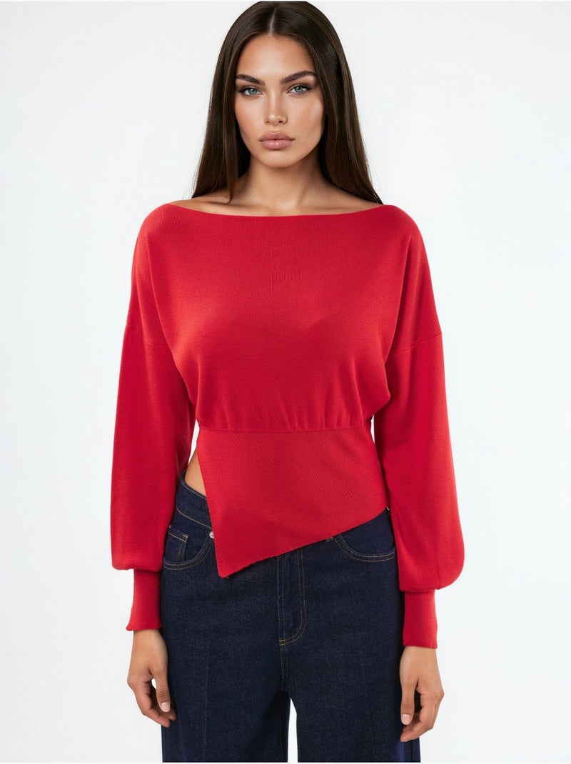 Camisola de malha com decote barco de aspeto mercerizado com detalhe de racha hiccup Vermelho - Kiabi