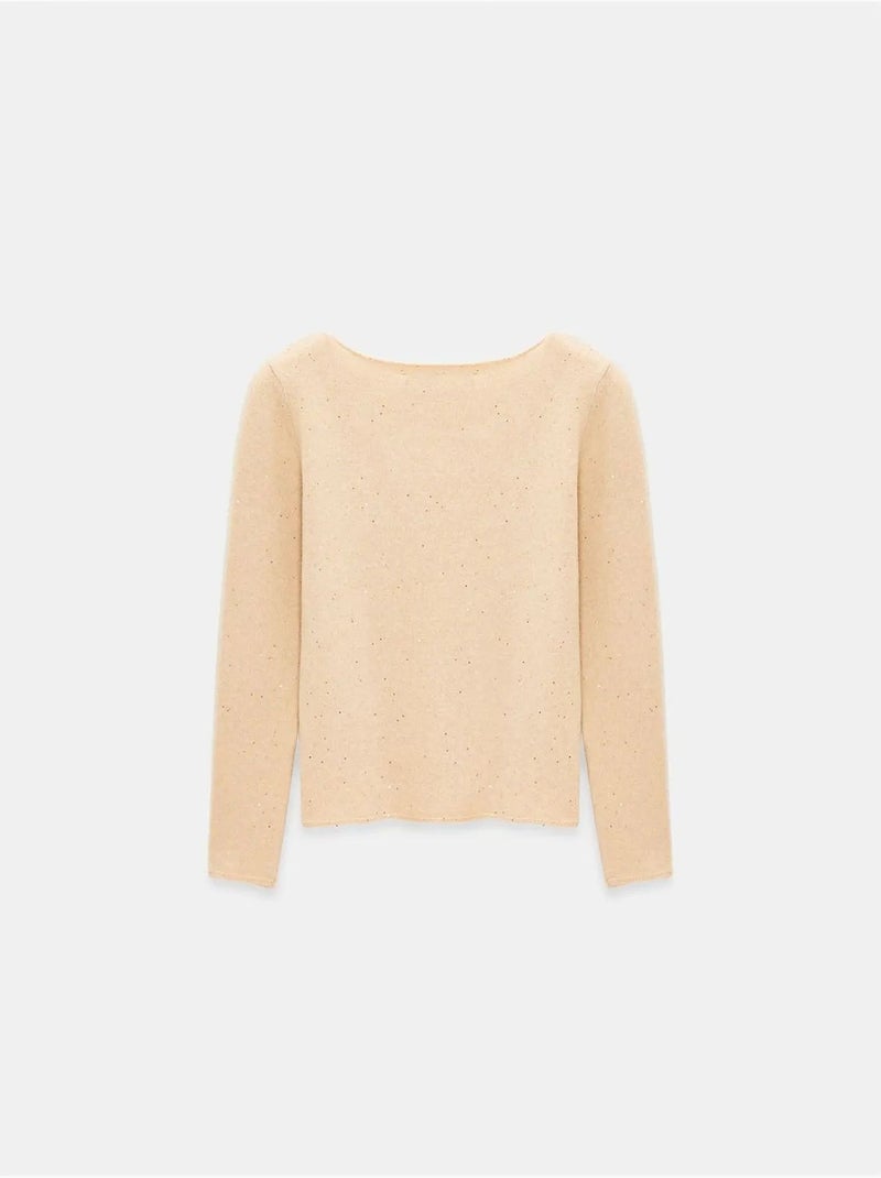 Camisola de malha com decote barco e lantejoulas Bege natural - Kiabi