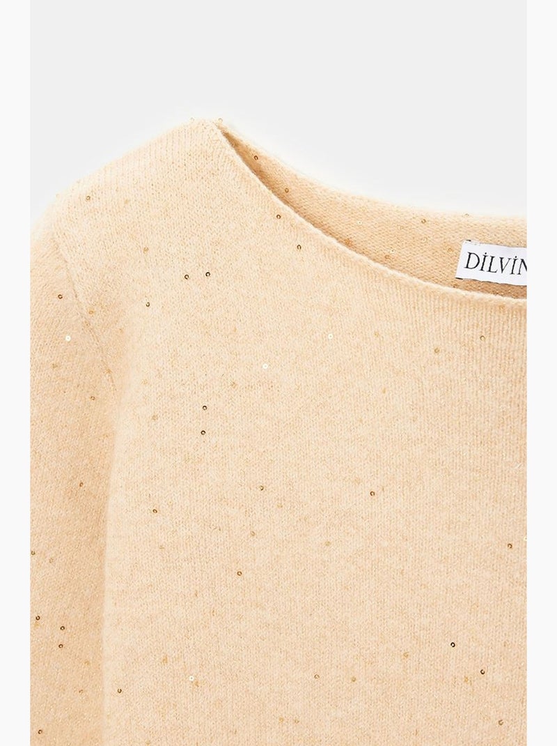 Camisola de malha com decote barco e lantejoulas dilvin Bege natural - Kiabi