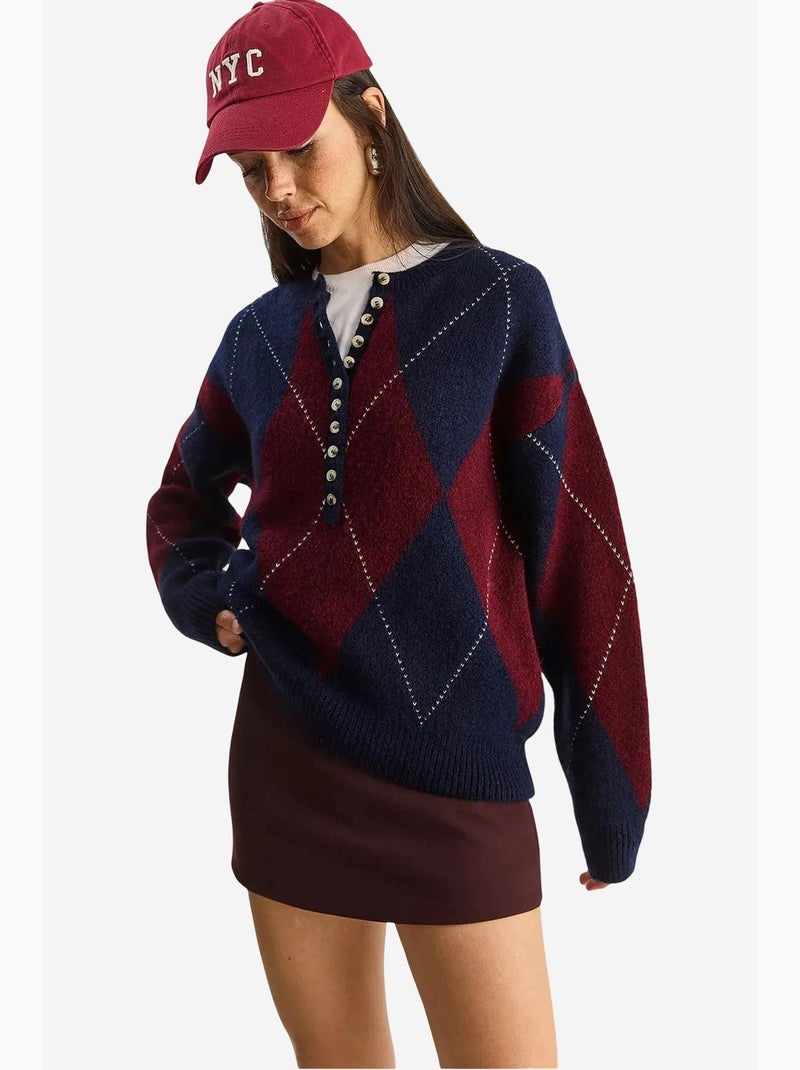Camisola de malha com decote redondo e fecho de botões lucci Azul-marinho - Kiabi