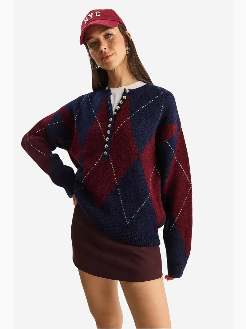 Camisola de malha com decote redondo e fecho de botões lucci Azul-marinho - Kiabi