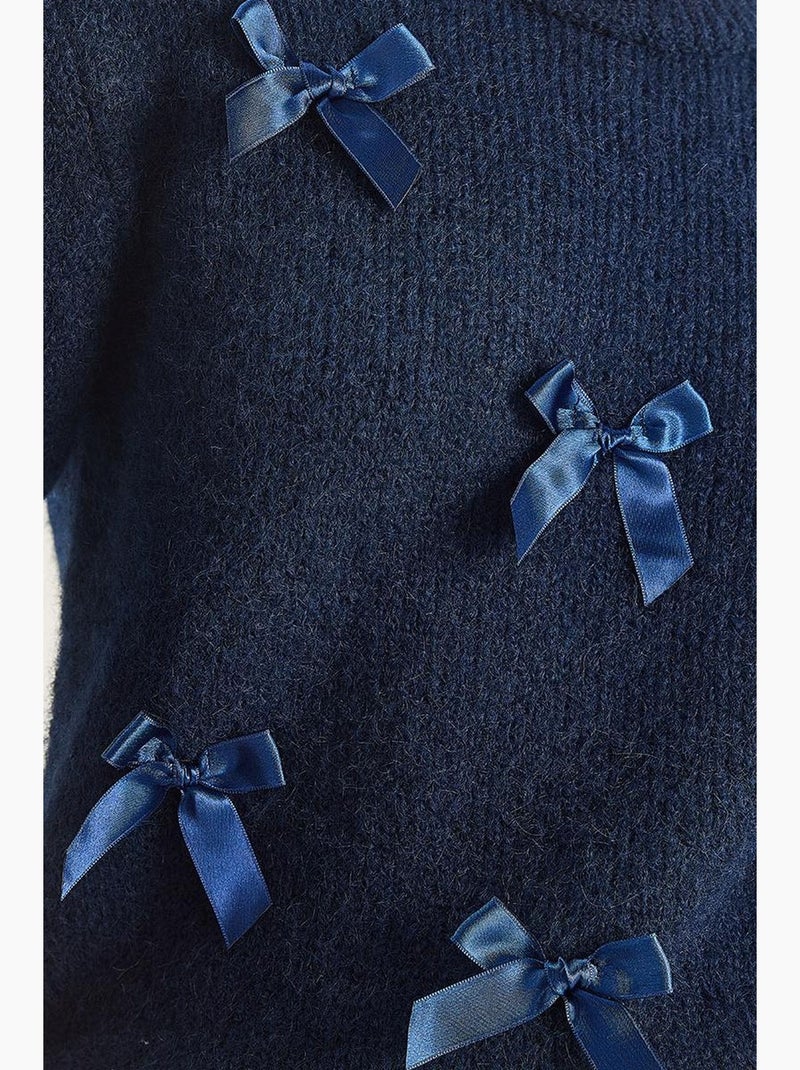 Camisola de malha com decote redondo e laço lucci Azul-marinho - Kiabi