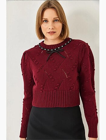 Camisola de malha com detalhe de laço e missangas lucci