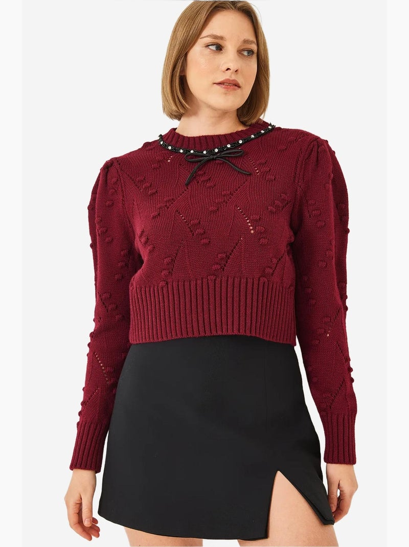 Camisola de malha com detalhe de laço e missangas lucci Vermelho bordô - Kiabi