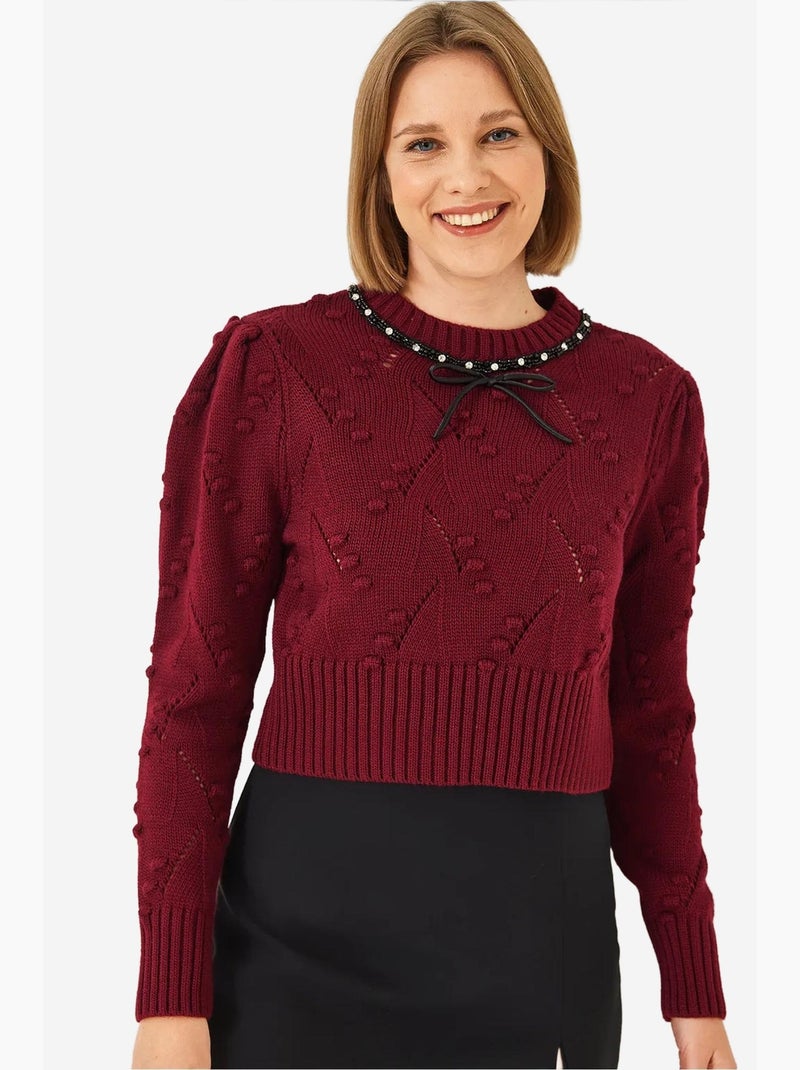 Camisola de malha com detalhe de laço e missangas lucci Vermelho bordô - Kiabi
