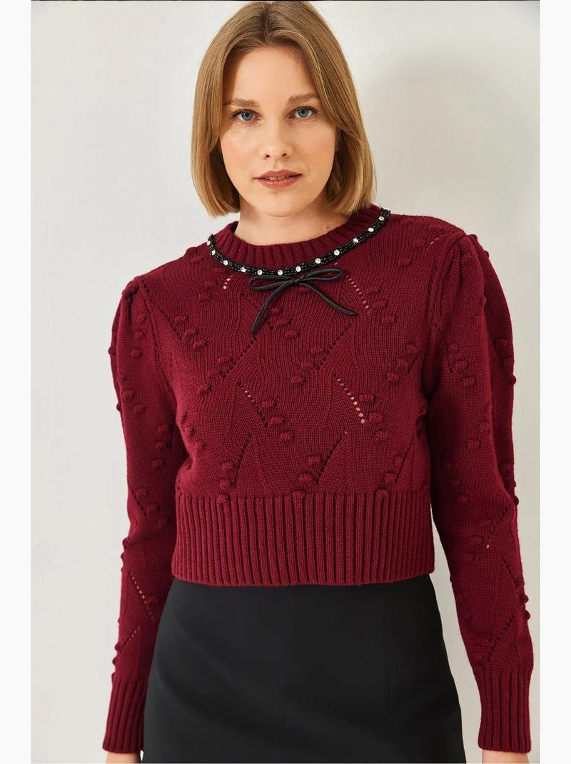 Camisola de malha com detalhe de laço e missangas lucci Vermelho bordô - Kiabi
