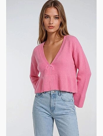 Camisola de malha com detalhe de laço, folhos e decote em v mixray