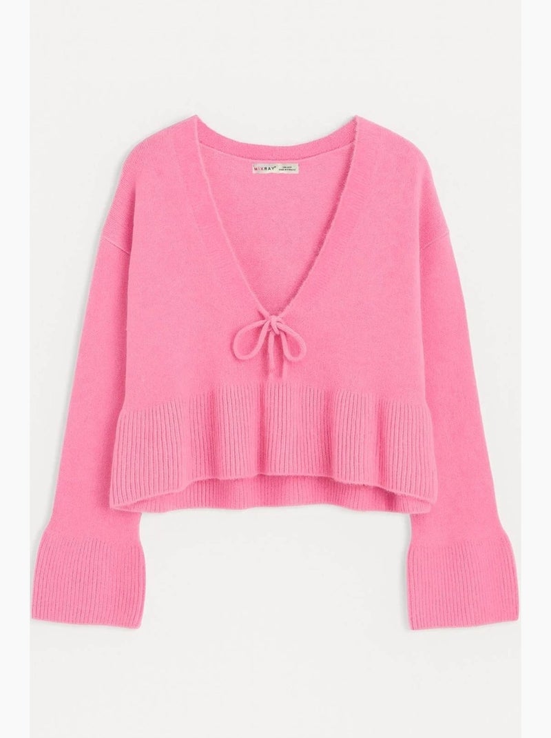 Camisola de malha com detalhe de laço, folhos e decote em v mixray Rosa-pálido - Kiabi