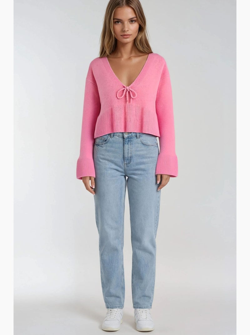 Camisola de malha com detalhe de laço, folhos e decote em v mixray Rosa-pálido - Kiabi
