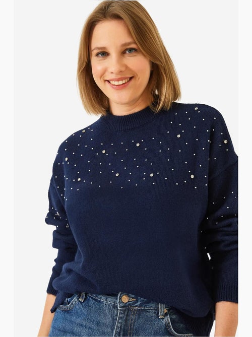 Camisola de malha com detalhes em pedra lucci - Kiabi Camisola de malha com detalhes em pedra lucci - Kiabi