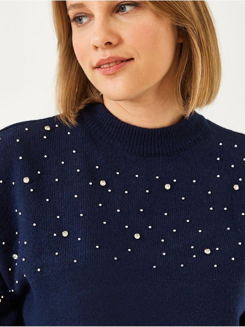 Camisola de malha com detalhes em pedra lucci Azul-marinho - Kiabi