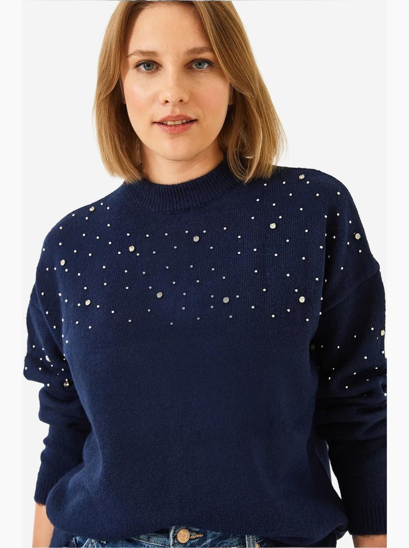 Camisola de malha com detalhes em pedra lucci Azul-marinho - Kiabi