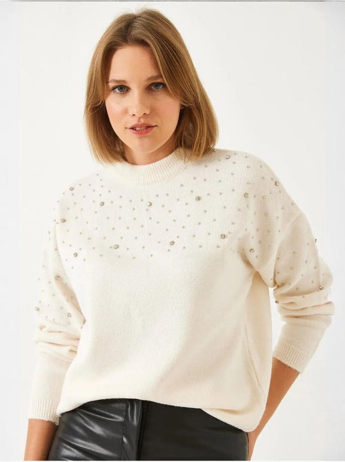 Camisola de malha com detalhes em pedra lucci - Kiabi Camisola de malha com detalhes em pedra lucci - Kiabi