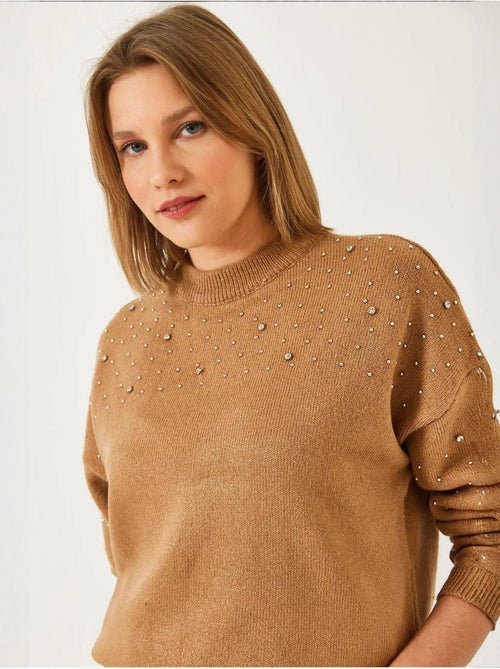 Camisola de malha com detalhes em pedra lucci - Kiabi Camisola de malha com detalhes em pedra lucci - Kiabi