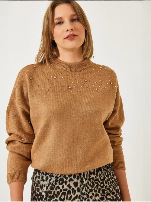 Camisola de malha com detalhes em pedra lucci - Kiabi Camisola de malha com detalhes em pedra lucci - Kiabi