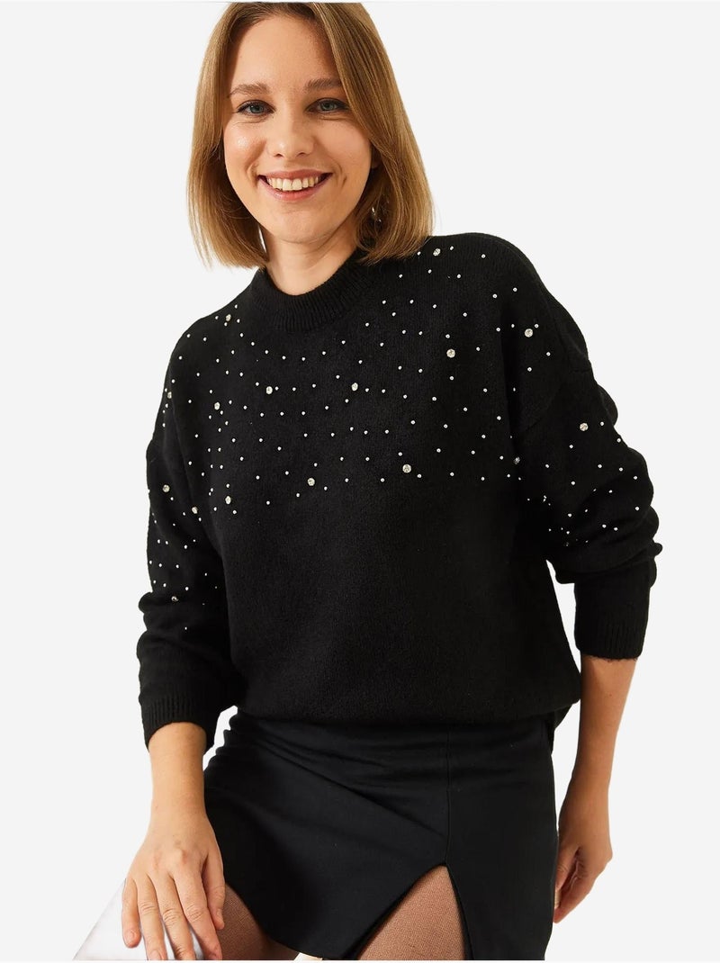 Camisola de malha com detalhes em pedra lucci Preto - Kiabi