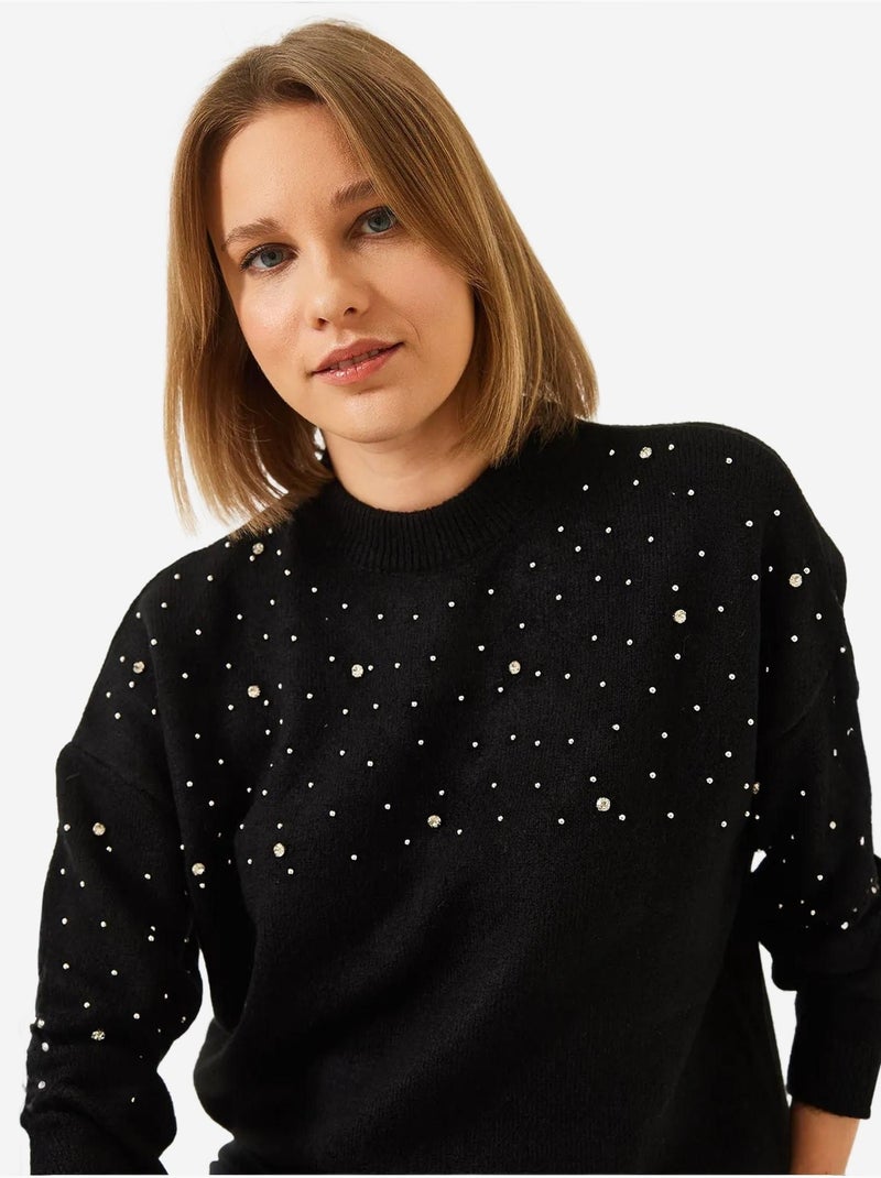 Camisola de malha com detalhes em pedra lucci Preto - Kiabi