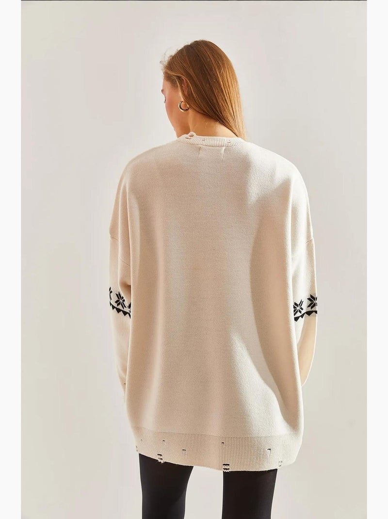Camisola de malha com estampado de coelho e rasgada lucci Bege-argila - Kiabi