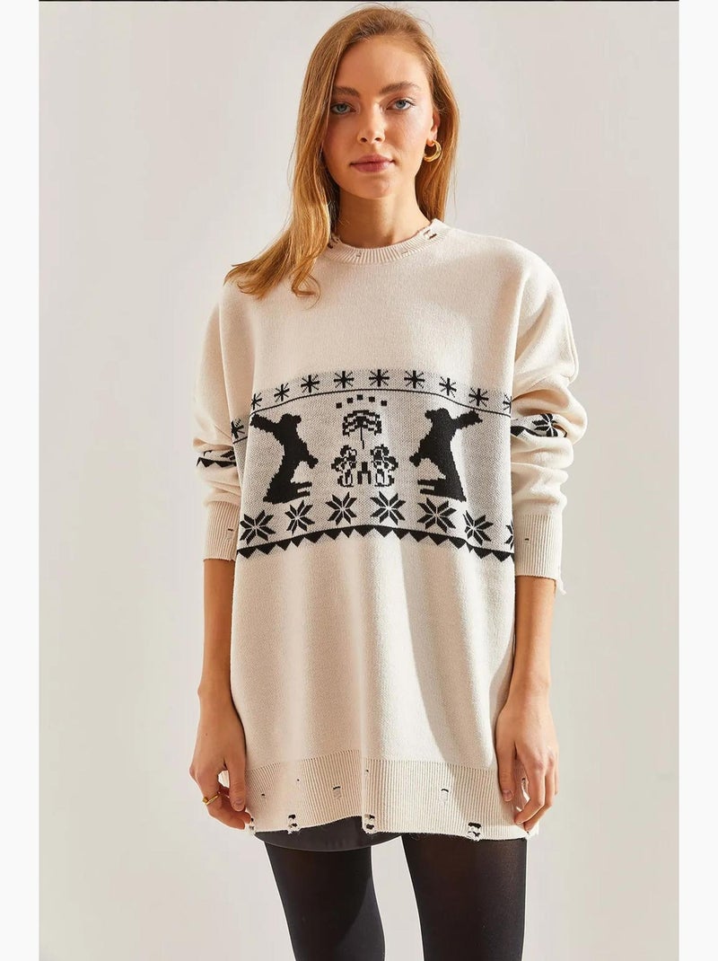 Camisola de malha com estampado de coelho e rasgada lucci Bege-argila - Kiabi