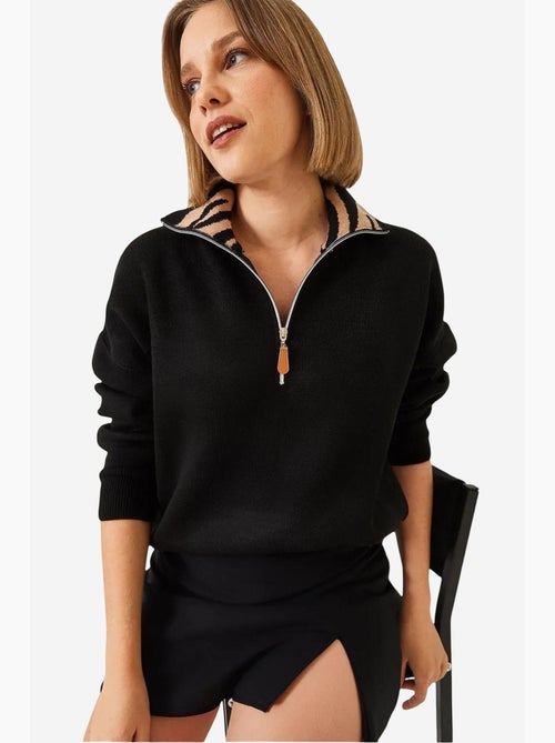 Camisola de malha com fecho e gola de leopardo lucci - Kiabi Camisola de malha com fecho e gola de leopardo lucci - Kiabi