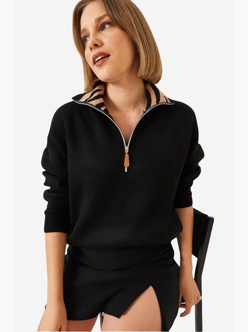 Camisola de malha com fecho e gola de leopardo lucci Preto - Kiabi