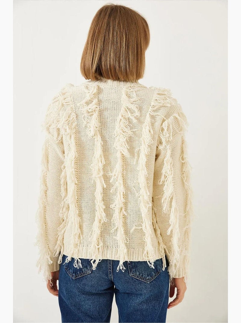 Camisola de malha com franjas e gola alta lucci Bege-argila - Kiabi