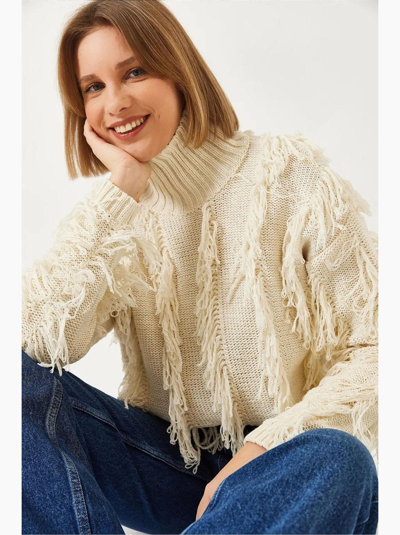 Camisola de malha com franjas e gola alta lucci Bege-argila - Kiabi