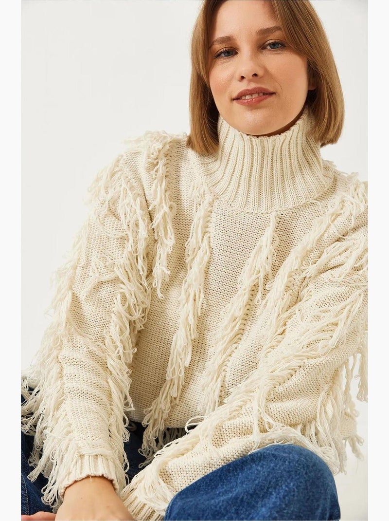 Camisola de malha com franjas e gola alta lucci Bege-argila - Kiabi