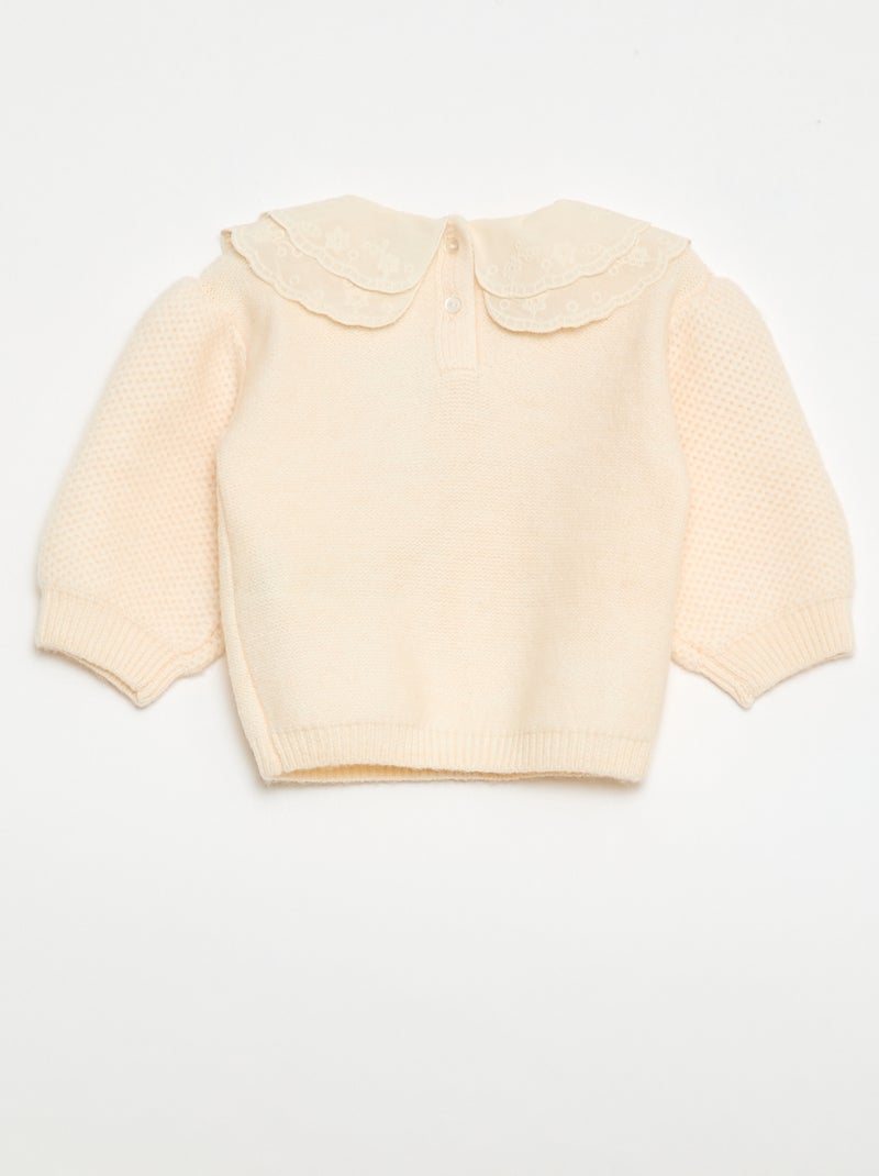 Camisola de malha com gola Claudine bordada Branco - Kiabi