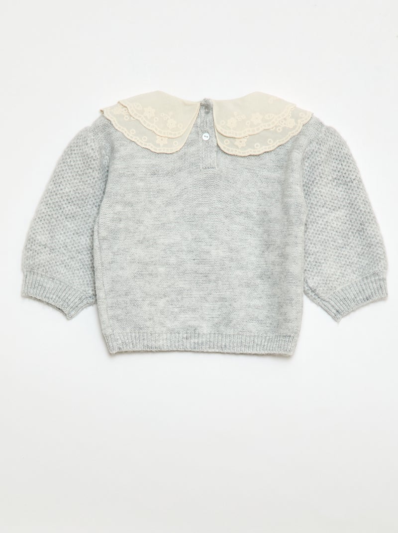 Camisola de malha com gola Claudine bordada Cinza - Kiabi