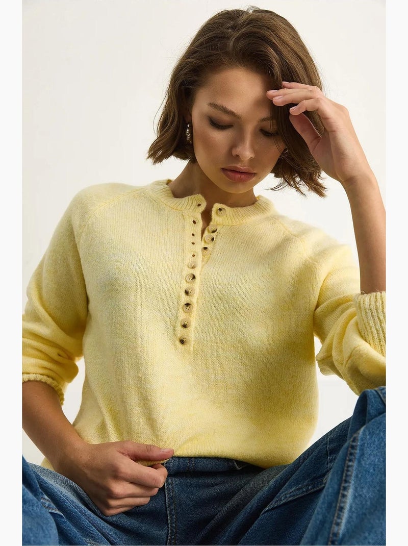 Camisola de malha com gola com botões lucci Amarelo-limão - Kiabi