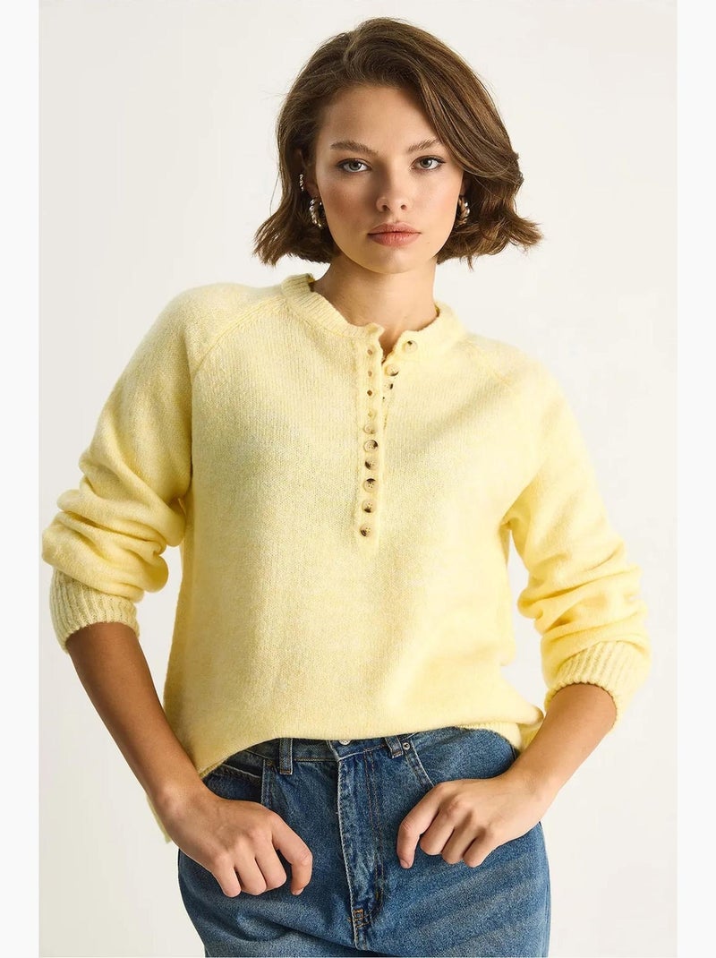 Camisola de malha com gola com botões lucci Amarelo-limão - Kiabi