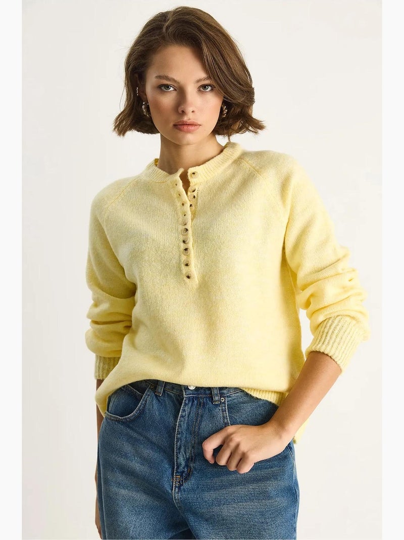 Camisola de malha com gola com botões lucci Amarelo-limão - Kiabi