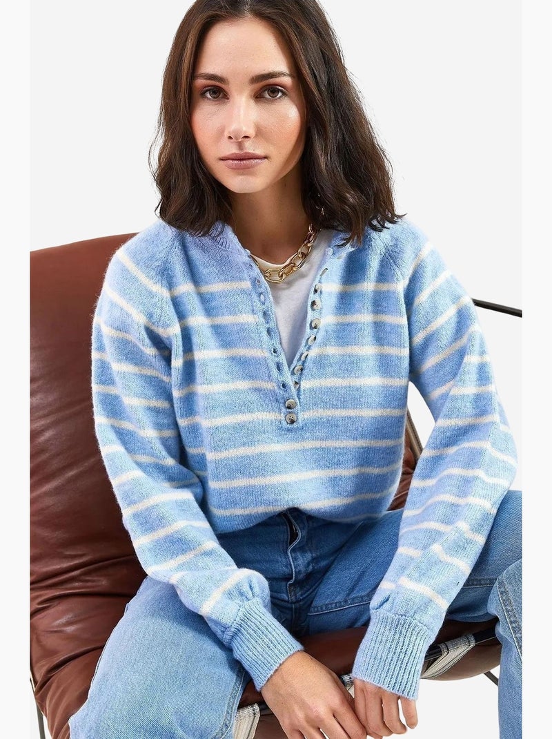 Camisola de malha com gola com botões lucci Azul-céu - Kiabi